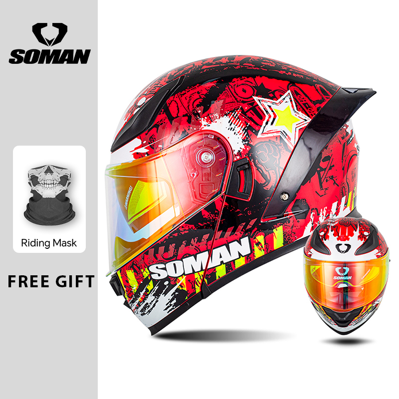 Dual Visor Motorcycle Racing Helmet - หมวกกันน็อคแบบโมดูลาร์ SOMAN หมวกกันน็อคแบบเต็มใบสำหรับรถจักรยานยนต์ พร้อมเลนส์สองชั้น สำหรับการแข่งรถ ได้มาตรฐาน