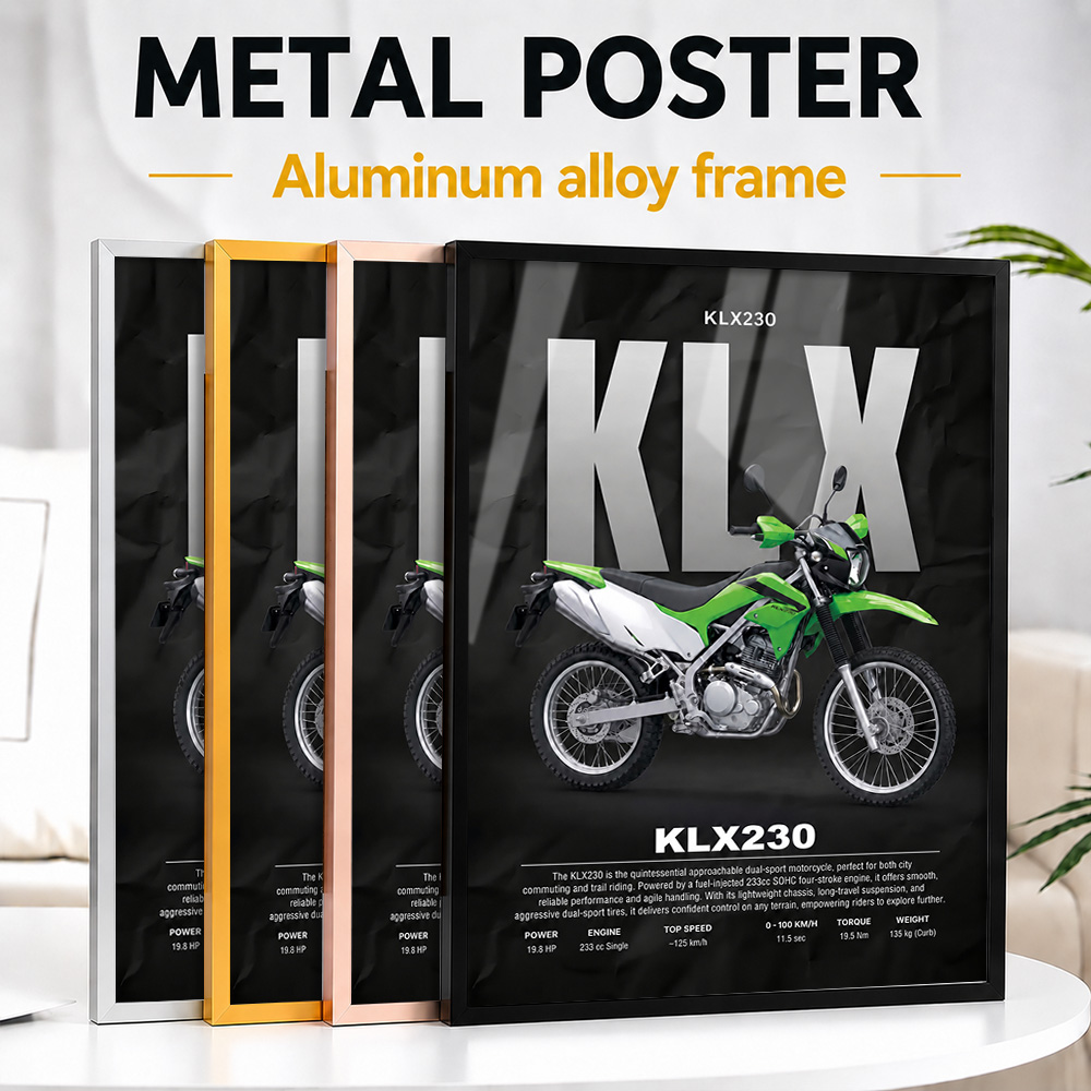 Riding Gear - โปสเตอร์โลหะกรอบรูปมอเตอร์ไซค์ดูอัลสปอร์ต KLX230 สไตล์ญี่ปุ่น งานกราฟิกมินิมอลสั่งทำพิเศษ สำหรับตกแต่งผนังในพื้นที่จัดแสดงอุปกรณ์ขี่มอเตอร์ไซค์
